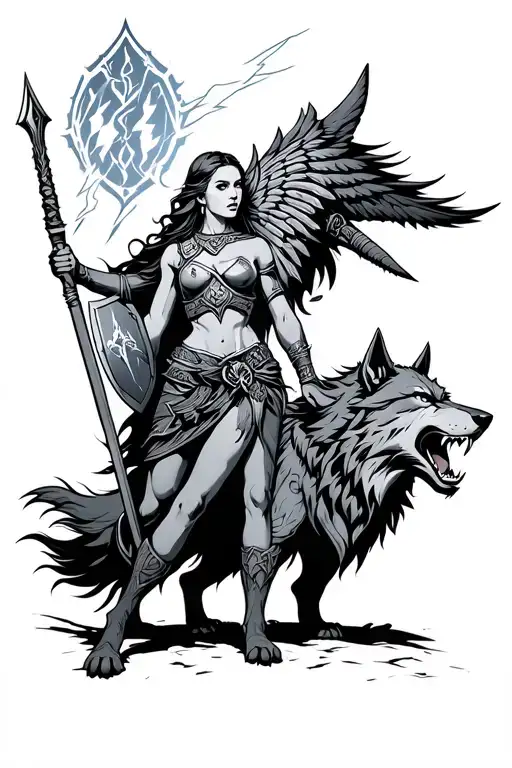 nordic valkyrie wielding a spear and shield with lightning around and fenrir the wolf barring his teeth.  tattoo design idea