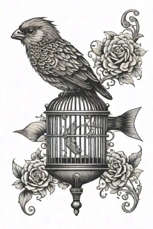 fish in ornate bird cage tattoo design idea