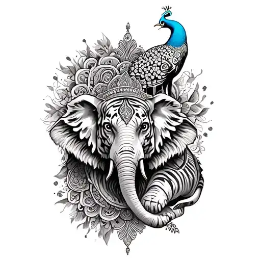 East India themed tattoo featuring elephants tigers, Peacocks and mandala  tattoo design idea