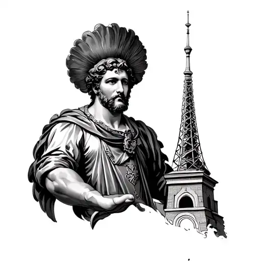 St. Florian with the Düsseldorf TV tower in his hand tattoo design idea
