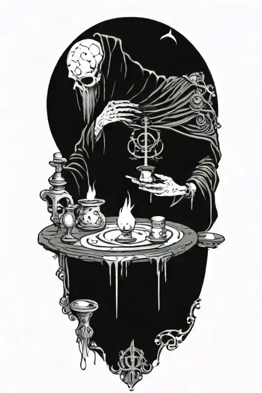 Hodded alchemist performing ritual, tarot cards, beakers, candles tattoo design idea