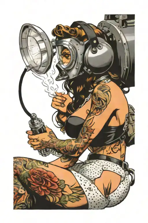 sexy pin up donning welding mask and lingerie, big, round ass, on her knees using torch, she's very fit. not weird look tattoo design idea