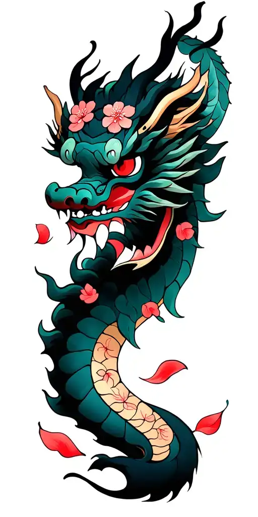 japanese oni mask, dragon and cherry blossom petals tattoo design idea
