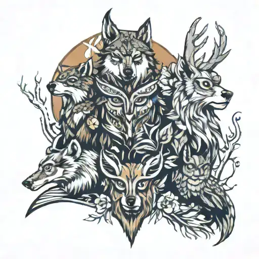animal totem pole wolf bear stag and owl perched tattoo design idea