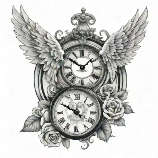 roman clock, dove, angel wings, roses tattoo design idea