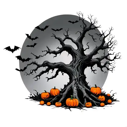 black and grey dead tree with bats with small orange pumpkins around the trunk, linework, shading tattoo design idea