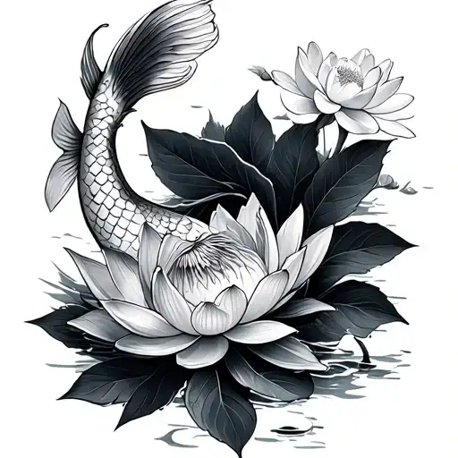 koi fish and lotus flower blooming cherry blossom tattoo design idea