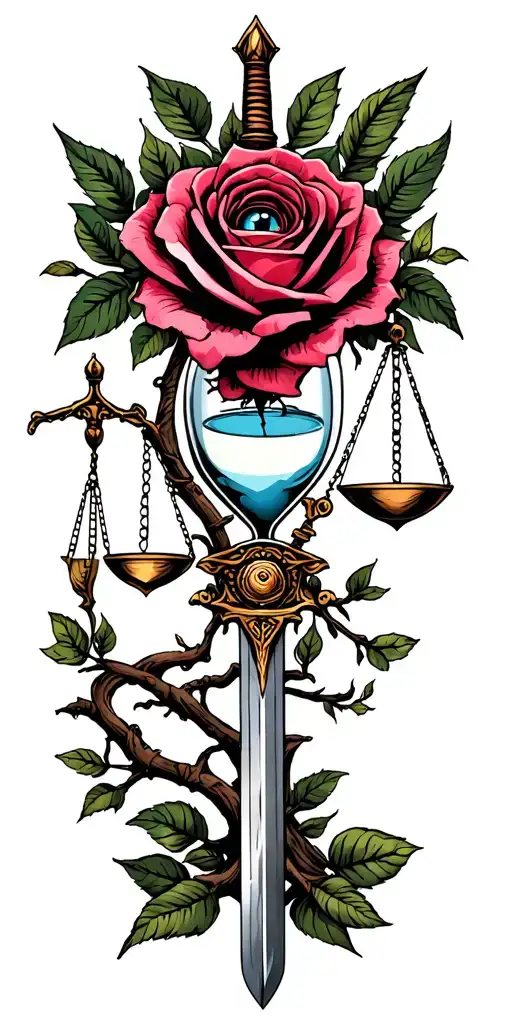 family tree, rose intertwined, evil eye,  justice, truth, goddess, hour glass, sword tattoo design idea