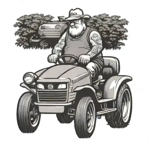old fat guy in wife beater riding a John Deere lawn mower tattoo design idea