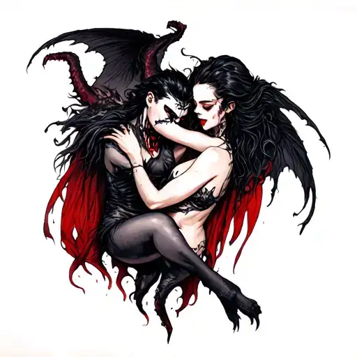 An edgy and modern neotraditional tattoo of a sexy vampire embracing a dark gothic monster, reflecting your fascination with the supernatural and sensuality tattoo design idea