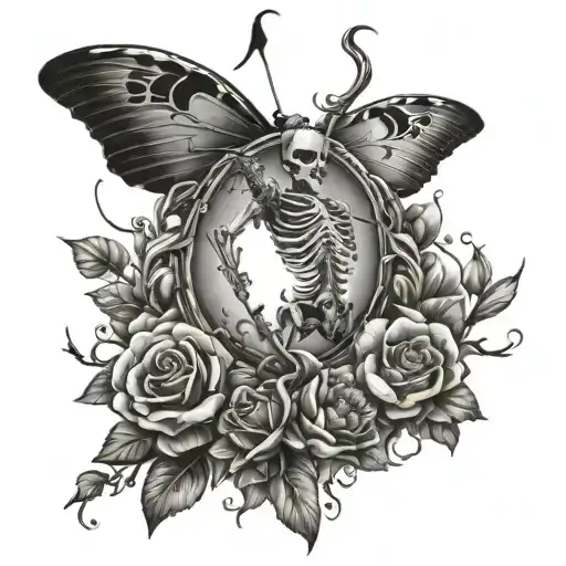Tree of life with butterflys and a skeleton hand holding a bow and arrow, shooting out a flower and pebbles are falling tattoo design idea