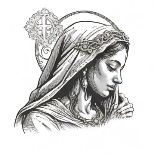 Virgin Mary praying with a rosary around her hands and with tears rolling down her eyes while God is looking over her tattoo design idea
