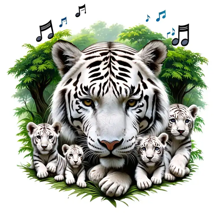 white tiger surrounded by 5 cubs, music notes, wind, forest tattoo design idea