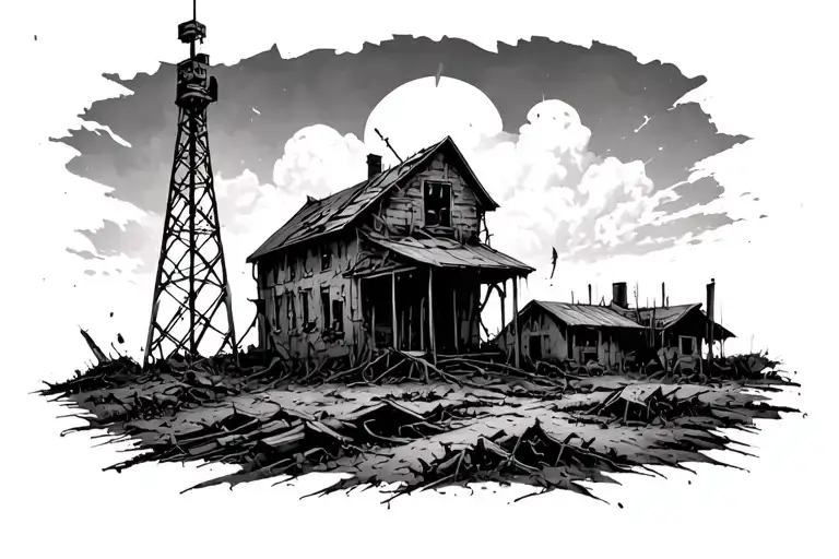 post apocalyptic horror with radio tower with border tattoo design idea