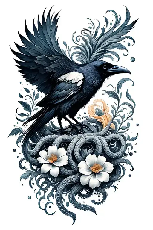 raven, medusa, flowers, waves, and feathers falling tattoo design idea