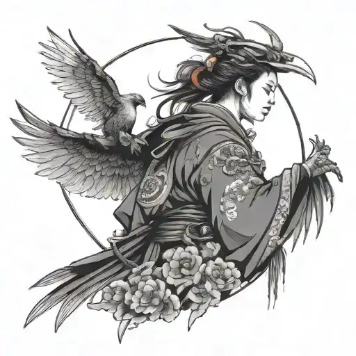 a demonic female ronin samurai with a crow on her shoulder tattoo design idea