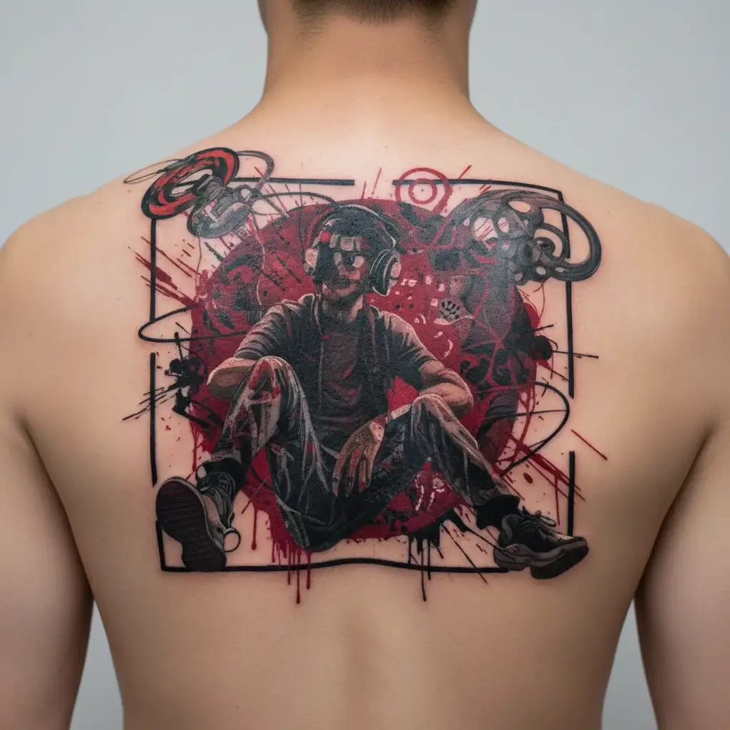 A traveler sitting cross-legged, floating in the infinite space of his mind, wearing a modern headset with dark metallic colors. His body is surrounded by a luminous aura in shades of electric. Pulsating waves of energy emanate from the headset, creating abstract and fluid shapes around him, like visual echoes of the music he is listening to. In the background, mental landscapes take shape: a sea of stars, suspended mountains, and glowing fragments of memories floating in the air. The atmosphere is futuristic, immersive, and introspective, evoking an inner journey through music and thoughts tattoo design idea