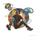 A traveler sitting cross-legged, floating in the infinite space of his mind, wearing a modern headset with dark metallic colors. His body is surrounded by a luminous aura in shades of electric. Pulsating waves of energy emanate from the headset, creating abstract and fluid shapes around him, like visual echoes of the music he is listening to. In the background, mental landscapes take shape: a sea of stars, suspended mountains, and glowing fragments of memories floating in the air. The atmosphere is futuristic, immersive, and introspective, evoking an inner journey through music and thoughts tattoo design idea