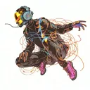 A traveler sitting cross-legged, floating in the infinite space of his mind, wearing a modern headset with dark metallic colors. His body is surrounded by a luminous aura in shades of electric. Pulsating waves of energy emanate from the headset, creating abstract and fluid shapes around him, like visual echoes of the music he is listening to. In the background, mental landscapes take shape: a sea of stars, suspended mountains, and glowing fragments of memories floating in the air. The atmosphere is futuristic, immersive, and introspective, evoking an inner journey through music and thoughts tattoo design idea