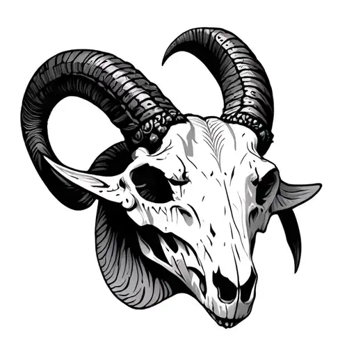 front facing capricorn goat skull , black and white, fine line, some tribal pattern in the horn. the skull to  tattoo design idea