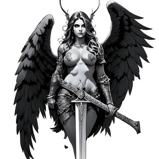 large breasted warrior angel sexy with sword tattoo design idea