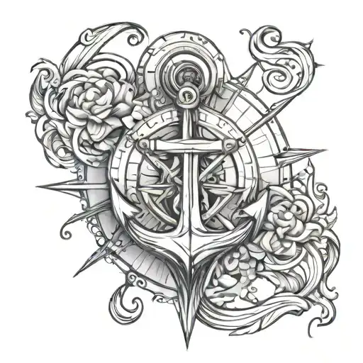 anchor and compass, numbers 577 tattoo design idea