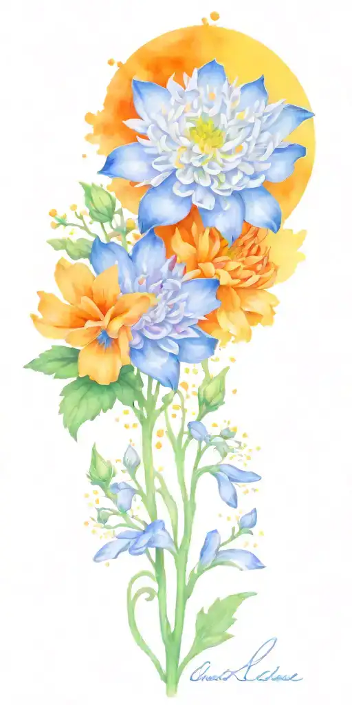 An intricate design of a chrysanthemum and larkspur blooming from an open art book, surrounded by colorful splashes of orange, pink, and yellow tattoo design idea