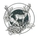 three connected deer in front of a moon with a bite out of the edge tattoo design idea