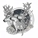 three connected deer in front of a moon with a bite out of the edge tattoo design idea