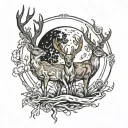 three connected deer in front of a moon with a bite out of the edge tattoo design idea