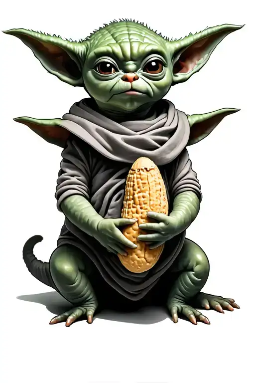 baby yoda grogu holding a peanut. peanut=miscarriage. rose and honey suckle  tattoo design idea