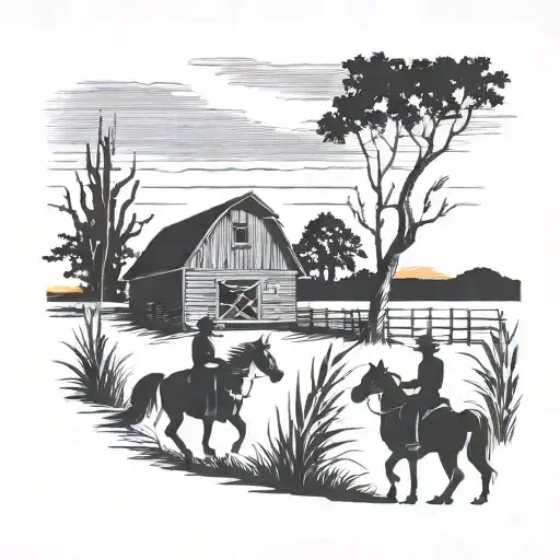 old barn sunset scene  corn stalk framing scene cowboy silhouette tattoo design idea