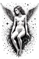fallen angel in space thin line black and white with detailed face and body. galaxy of stars behind her. tattoo design idea