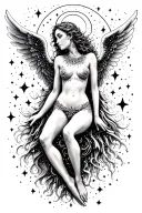 fallen angel in space thin line black and white with detailed face and body. galaxy of stars behind her. tattoo design idea