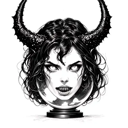 Create a dark demon with female features white eyes and sharp teeth looking into a crystal ball tattoo design idea