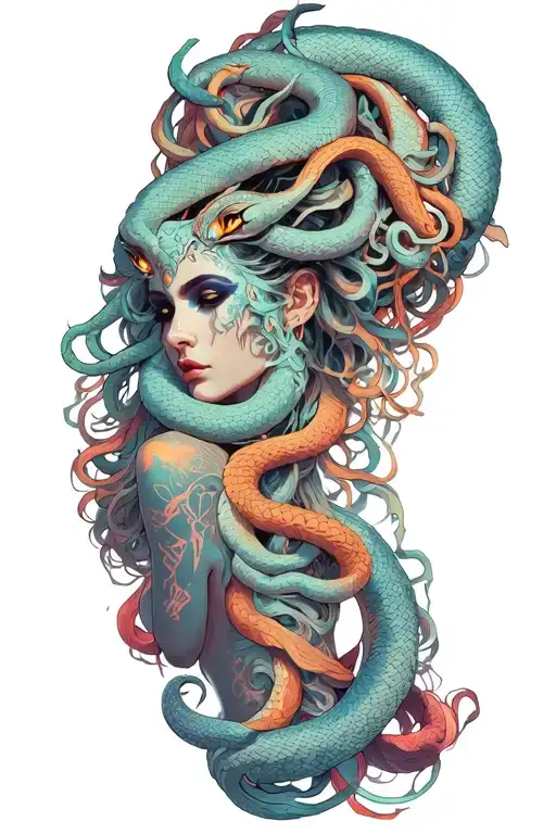 medusa goddess with oni mask, snakes hair tattoo design idea