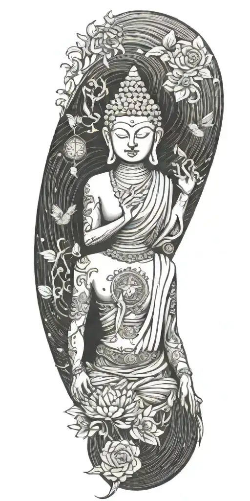 Blend Buddhist symbols, fine-line wood grain, anime elements, and subtle gaming symbols into a cohesive, flowing design tattoo design idea