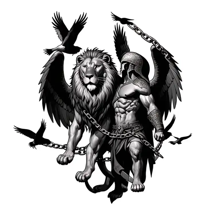 strong lion chained to a spartan warrior with wings surrounded by birds tattoo design idea