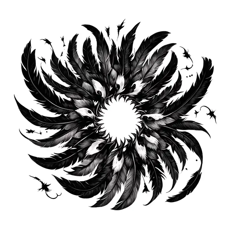 Circular spell circle surrounding black feathers flying arround tattoo design idea