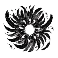Circular spell circle surrounding black feathers flying arround tattoo design idea