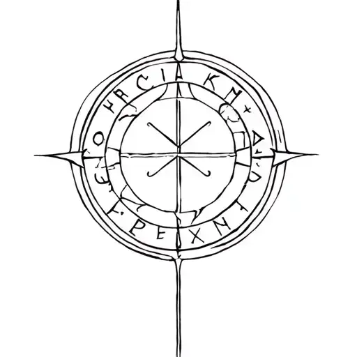 Enki god symbol in alchemy transmutation circle scared text vertical from pole to pole tattoo design idea