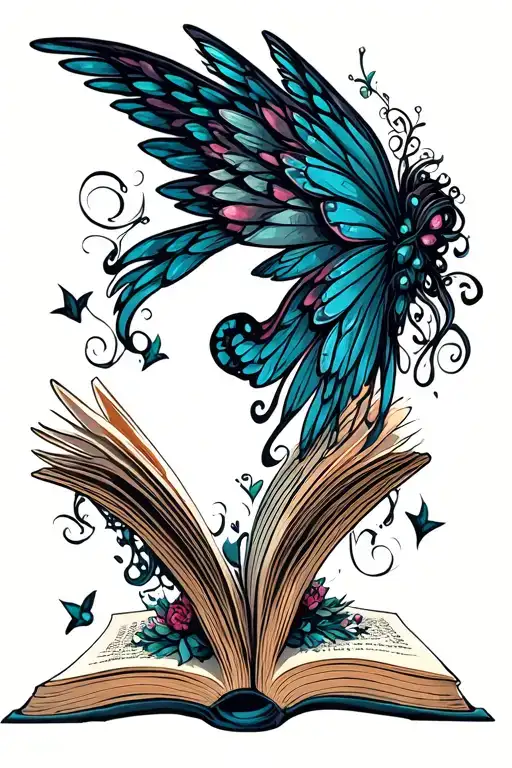 book open to path fairy wings love dark romance tattoo design idea