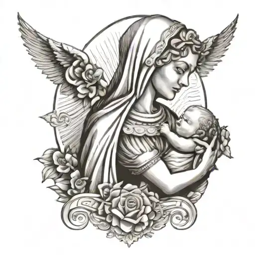 a madonna poisture statue holding her baby from left side, and the banners for the birthday tattoo design idea