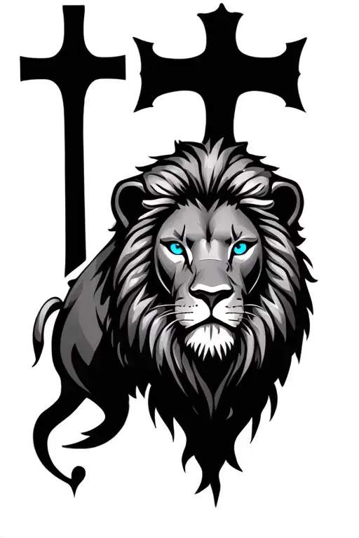 cross behind lion head with blue eyes  tattoo design idea