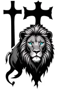 cross behind lion head with blue eyes  tattoo design idea