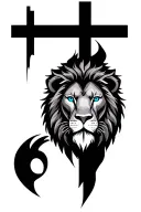cross behind lion head with blue eyes  tattoo design idea