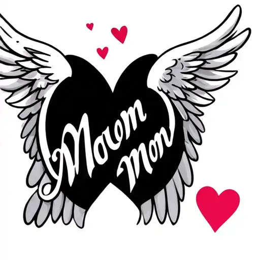 "Mom Mom" angel wings around name script font hearts tattoo design idea
