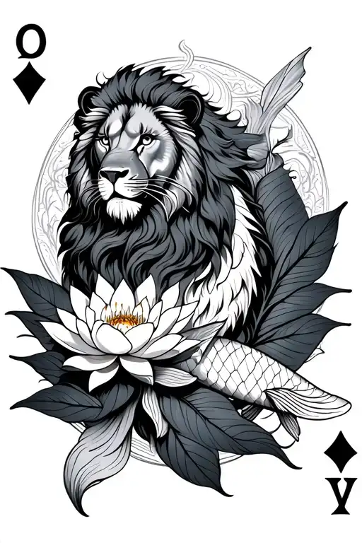 A mystical representation of the astral card with a lion, a koi fish and lotus flower intertwined tattoo design idea