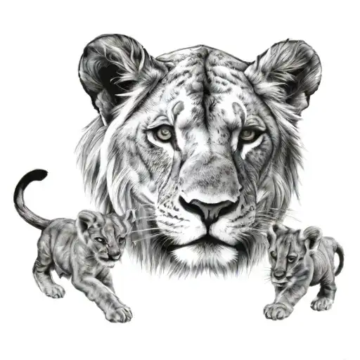 female lion and 4 cubs tattoo design idea