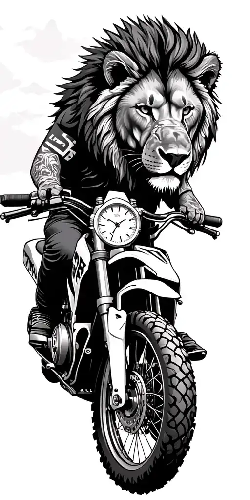 Dirt Bike in the mountains with a lions head and a watch fillagre connecting the different tattoos tattoo design idea